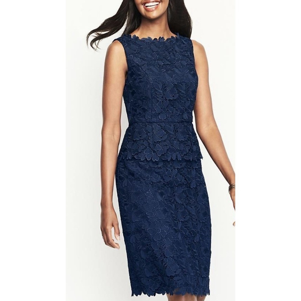 Talbots‎ Navy Blue Peplum Midi Dress Lace Floral Sleeveless Size 10 NWT